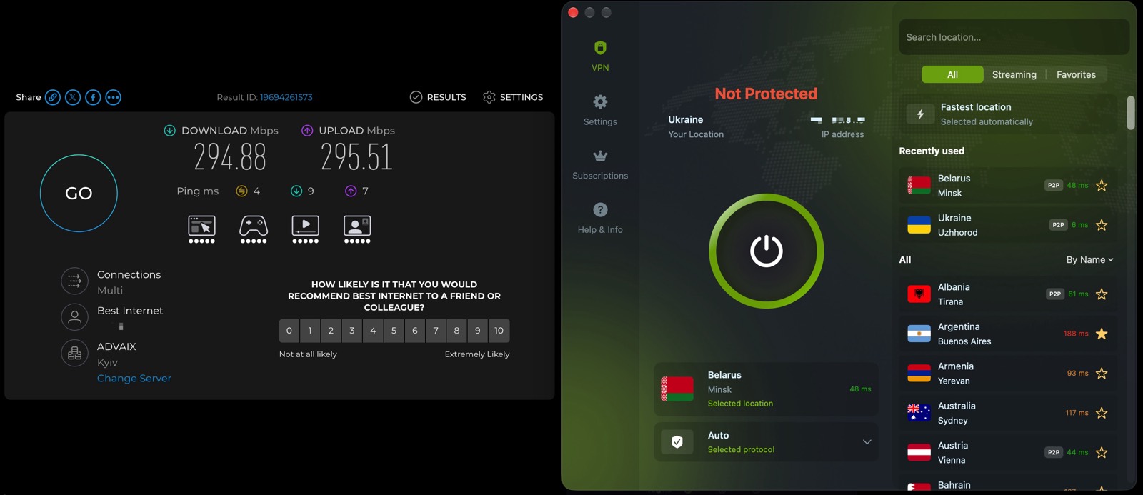 Baseline — no VPN, Ookla